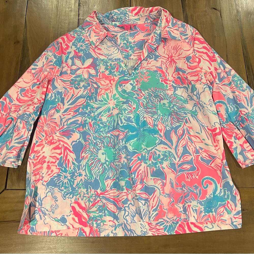 Lilly Pulitzer Women’s Colorful Floral Print Blouse, Size XL, Pink/Blue/Teal